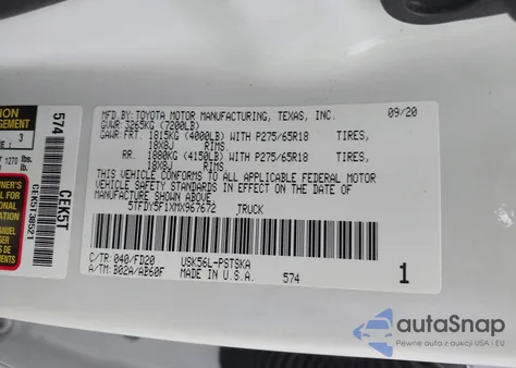 2021 Toyota Tundra Sr5 z USA, uszkodzony, nr VIN 5TFDY5F1XMX967672